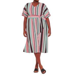 Size 14/16 1X FIJI‎ STRIPED MIDI DRESS W/TIE + POCKETS Duster Spring Summer PLUS